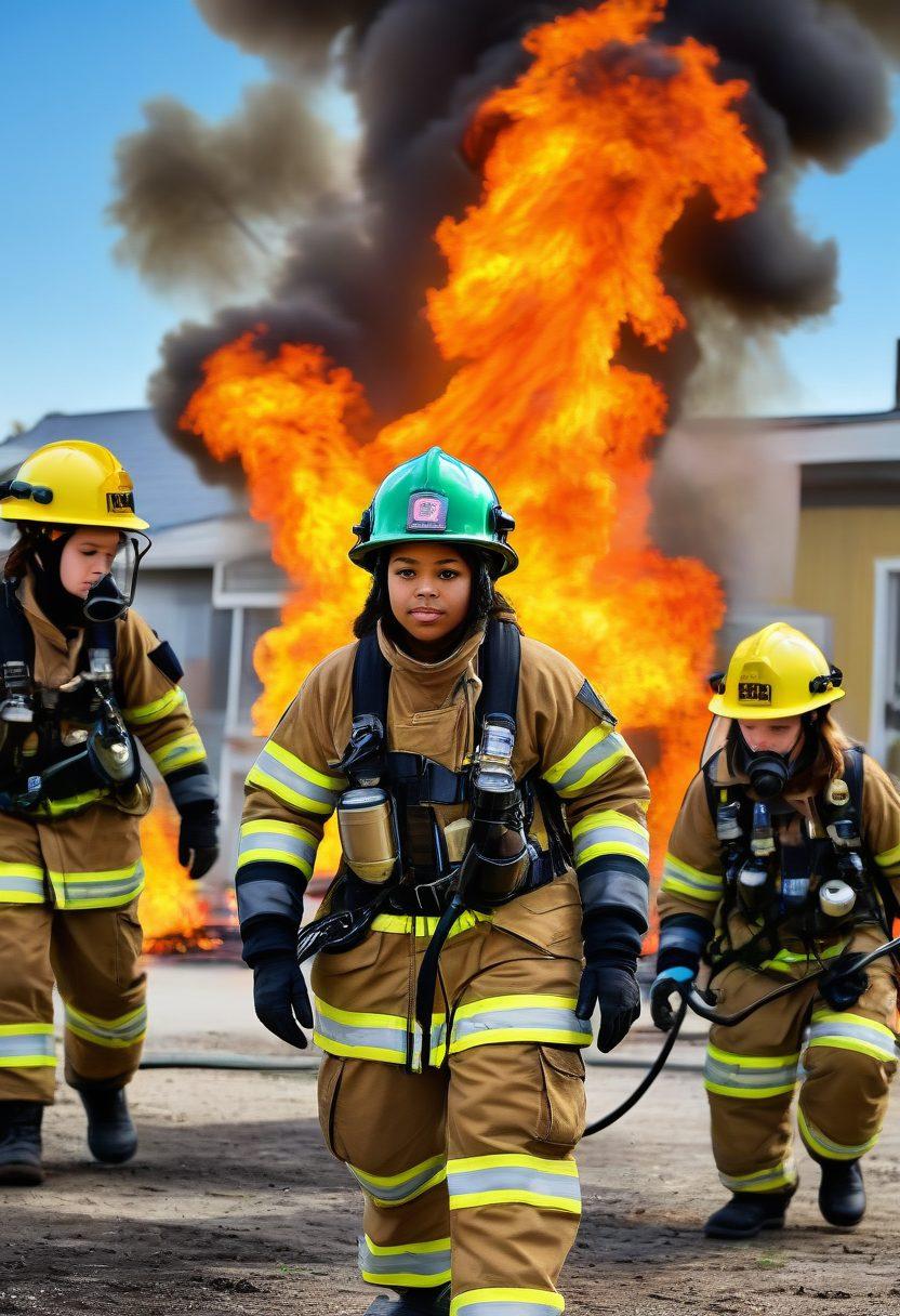A dynamic scene depicting a diverse group of young girls engaged in a fire safety training session, donning firefighter helmets and gear, surrounded by fire safety equipment. In the background, a confident female firefighter leads the session, showcasing empowerment and leadership. The setting should be vibrant and encouraging, with flames depicted in a safe, controlled manner to symbolize the theme of 'igniting change'. The image should have an empowering atmosphere with bright colors and a clear blue sky. super-realistic. vibrant colors. 3D.