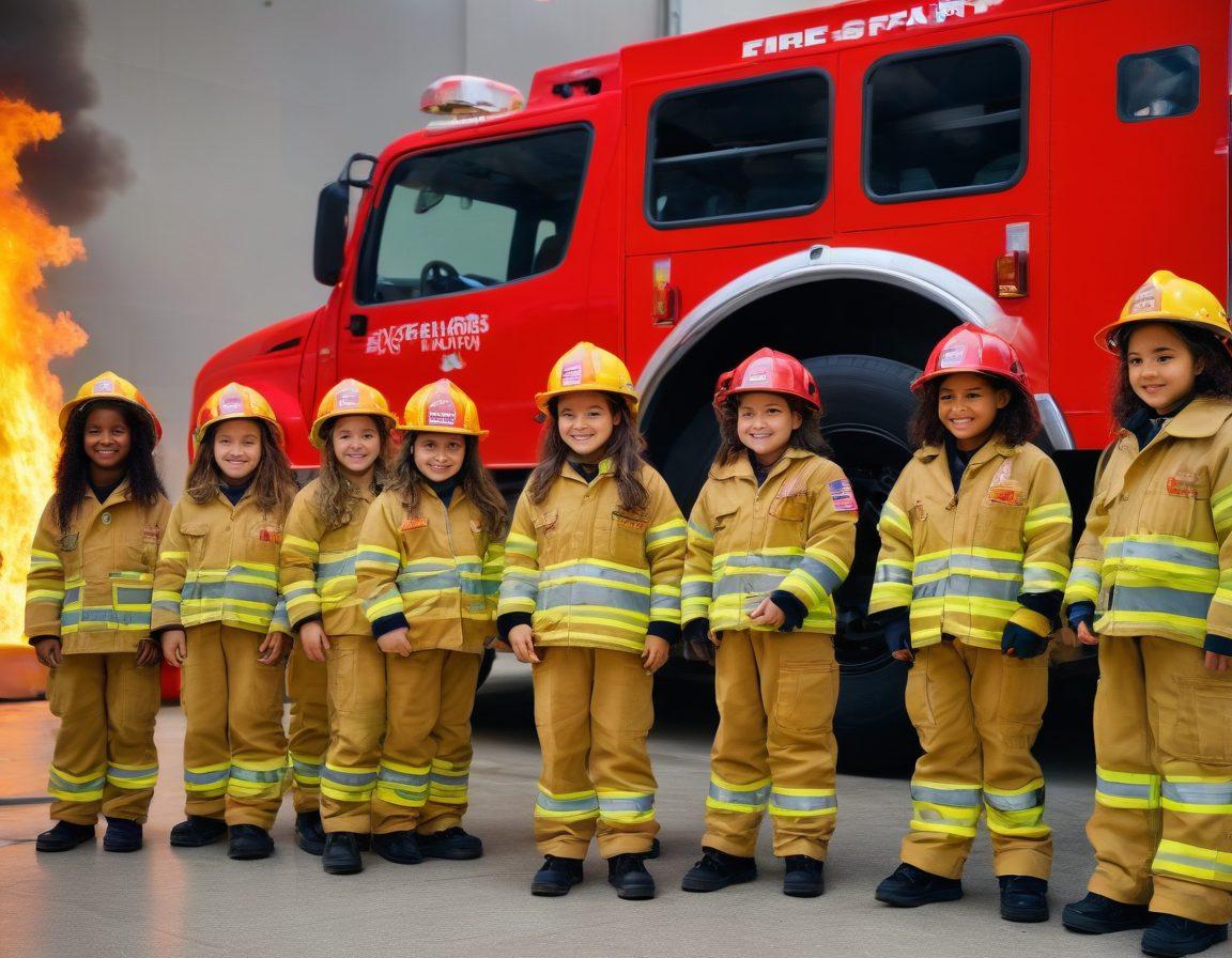 A vibrant scene depicting a group of diverse girls engaging in a hands-on fire safety workshop, showcasing innovative strategies. They're surrounded by fire safety equipment, smiling, and actively learning with a fire truck in the background. The atmosphere is inspiring and empowering, with bright colors and an uplifting setting. super-realistic. vibrant colors. cheerful background.