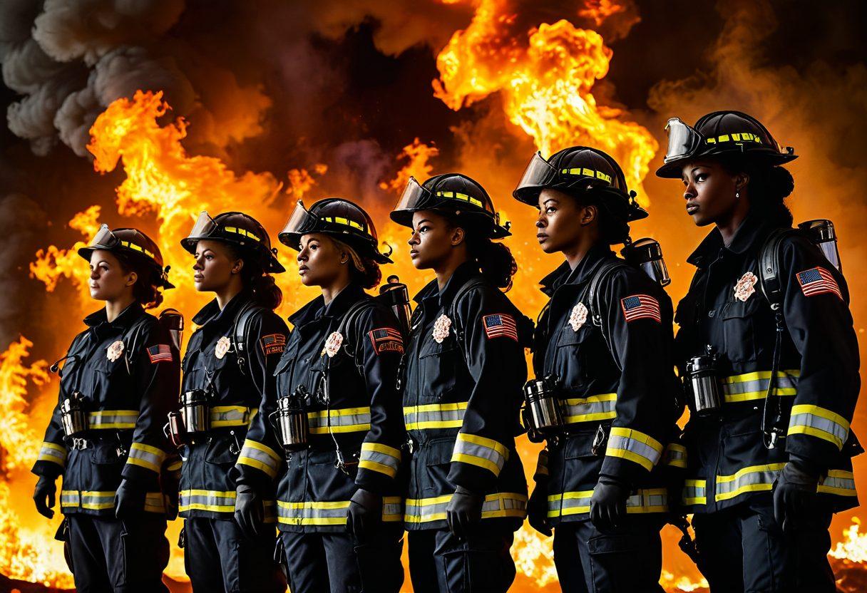 A diverse group of women firefighters standing confidently in their gear, surrounded by flames and smoke, symbolizing strength and bravery. In the background, silhouettes of aspiring young girls looking up with admiration and determination. The scene captures a sense of teamwork and empowerment, showcasing the bond between experienced firefighters and future leaders. vibrant colors. super-realistic. dramatic lighting.